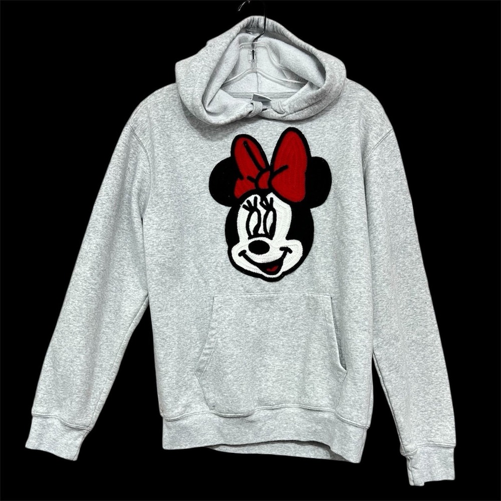 Disney Minnie Mouse Hoodie Women Sz S Gray Chenille‎ Crochet Graphic Pullover